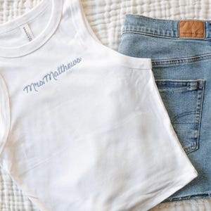 Embroidered High Neck Cropped Tank Top - Personalized Womens Crop Ribbed Baby Tee - Custom T Shirt -  Bridal - Custom Text