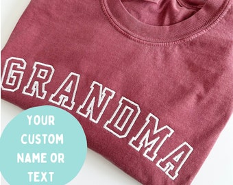 Comfort Colors Custom Name Embroidered Shirt - Varsity Letter - Collegiate Letters - Grandma Nana Mimi Mommy Papa