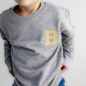 Sudadera con cuello redondo para niño pequeño, personalizada, con letras universitarias bordadas, unisex, con monograma de nombre.