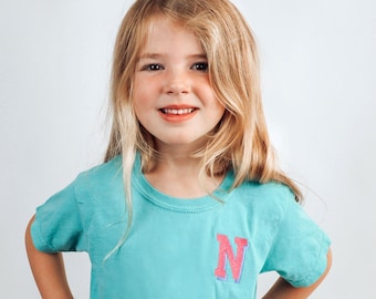 Comfort Colors Youth Embroidered T Shirt -Customized Shadow Block Initial T Shirt- Embroidered Toddler Shirt - Personalized - Block Monogram