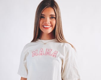 Comfort Colors VARSITY Embroidered Mama Short Sleeve Shirt - Varsity Letter - Collegiate - Short Sleeve - Mama Tee - Custom