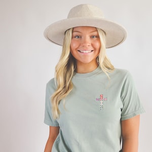 Comfort Colors Embroidered Floral Faith Cross Short Sleeve Shirt - Customize - Garment Dyed Short Sleeve - Name Unisex - Wildflower - Rose