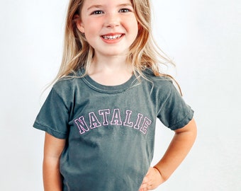 Comfort Colors Youth Kids Embroidered T Shirt -Customized Varsity Name T Shirt- Embroidered Toddler Shirt - Personalized - Block Letter Name