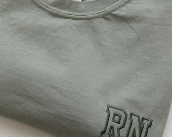 Comfort Colors Embroidered Varsity RN Nurse Short Sleeve Tee  - Collegiate Letters - Nurse T Shirt - Registered Nurse Gift - New Nurse Gift