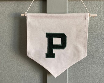 Custom Embroidered Initial Banner - Pennant Flag Wall Hanging - Canvas Monogrammed Name Banner - Kids Room Decor - Boys Girls Room Wall Art