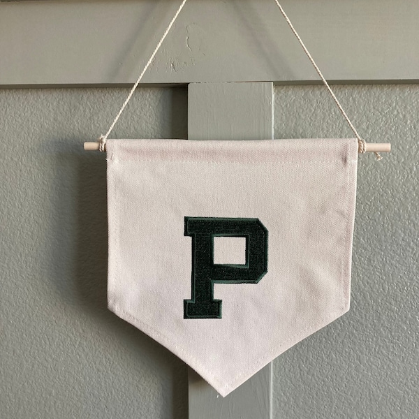 Custom Embroidered Initial Banner - Pennant Flag Wall Hanging - Canvas Monogrammed Name Banner - Kids Room Decor - Boys Girls Room Wall Art