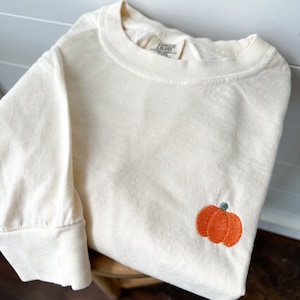 May include: A cream coloured long-sleeved t-shirt with an embroidered pumpkin design in orange and green.