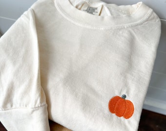 May include: A cream colored long-sleeved t-shirt with an embroidered pumpkin design in orange and green.