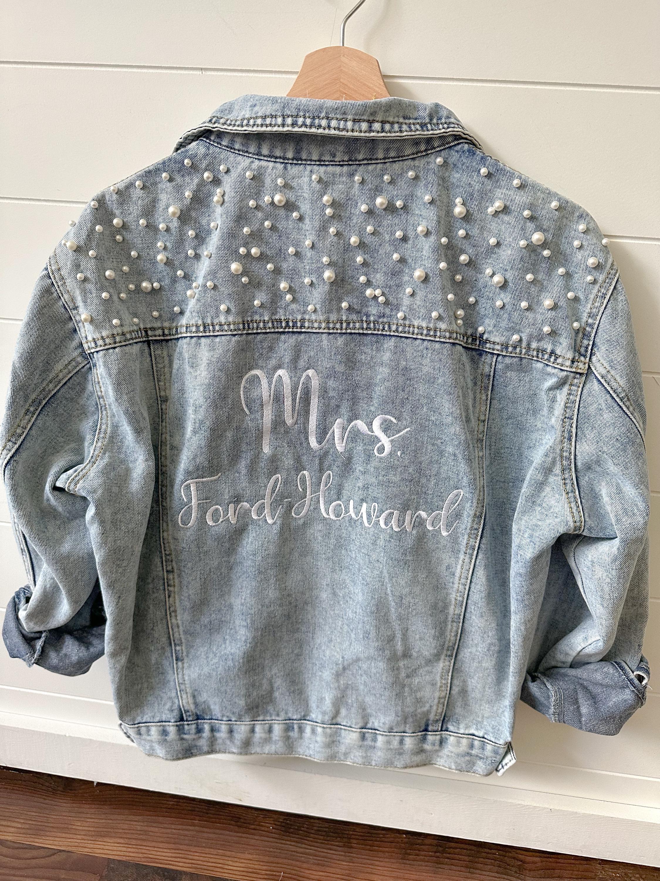 Pearl Embroidered Jean Jacket - Personalized Bridal Bride Denim Jacket Pearl Embroidered Jean Jacket - Personalized Bridal Bride Denim Jacket