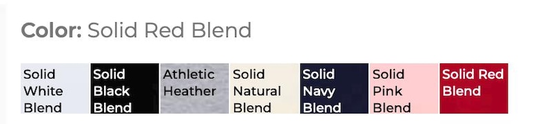 Pu&ograve; includere: L'immagine mostra una tabella dei colori con il testo "Color: Solid Red Blend". La tabella presenta varie opzioni di colore: Solid White Blend, Solid Black Blend, Athletic Heather Blend, Solid Natural Blend, Solid Navy Blend, Solid Pink Blend e Solid Red Blend.