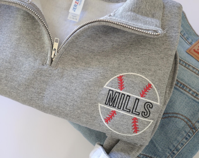 Custom Embroidered Baseball Quarter Zip - Personalized Name 1/4 Zip Sweater - Game Day Outfit - Baseball Mom Mama Sweater