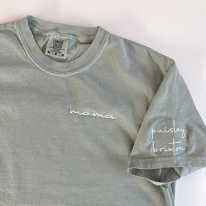 Comfort Colors Embroidered Mama Short Sleeve Shirt - Customize - Garment Dyed Short Sleeve - Name - Custom Kids Name - Sleeve Embroidery