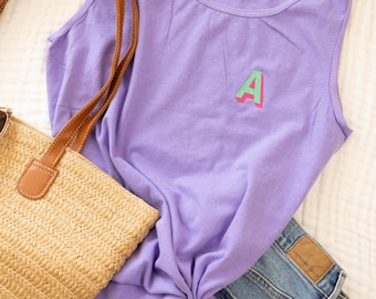 Embroidered Shadow Monogrammed Tank Top  - Comfort Colors Unisex Tank Top - Beach Cover Up - Personalized Initial Tank Top