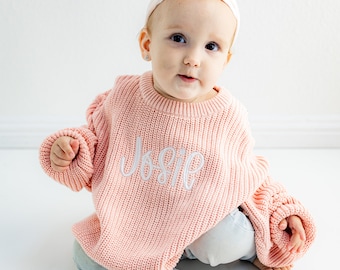 Toddler Chunky Knit Custom Embroidered Name Sweater - Personalized Oversized Pullover Sweater - Custom Text - Stitched