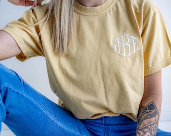 Comfort Colors Custom Embroidered Monogram Short Sleeve T-Shirt - Personalized - Garment Dyed Crew - Collar Embroidery - Initials Name