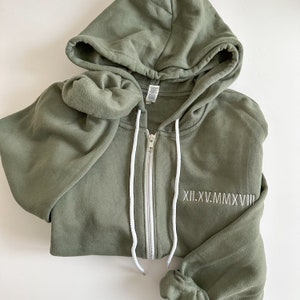 Custom Embroidered Roman Numeral Date Zip Up Sweatshirt - Custom Hoodie - Personalized Anniversary Wedding Date Gift - Bella Canvas