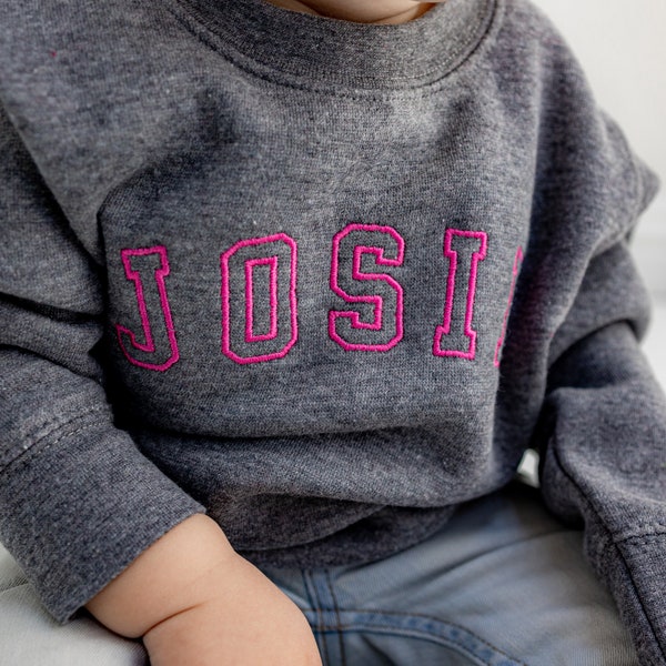 Toddler Custom Name Embroidered Crewneck Sweatshirt - Varsity Lettering Pullover - Personalized - Sweater - Monogram Block Letter