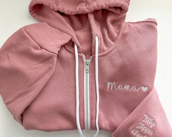 Felpa con cappuccio con zip ricamata personalizzata - Mamma Nonna - Manica con nomi personalizzati per bambini - Regalo personalizzato - Regalo per nonni