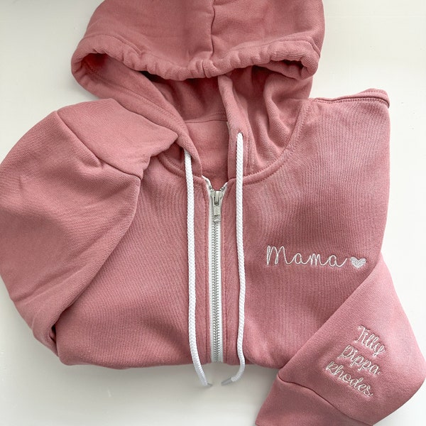 Sweat-shirt à capuche zippé brodé personnalisé - maman grand-mère - pochette personnalisée prénoms enfant - cadeau personnalisé - cadeau grand-parent