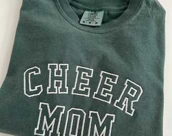 Comfort Colors Cheer Mom Embroidered Shirt - Varsity Letter - Collegiate Letters - Short Sleeve - Baseball - Football - Soccer - Dance