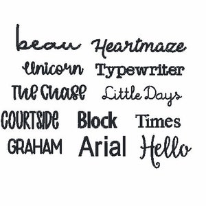 Op de afbeelding: Een verzameling handgeschreven woorden in verschillende lettertypen, waaronder "beau", "Heartmaze", "unicorn", "Typewriter", "The Chase", "Little Days", "COURTSIDE", "Block", "Times", "GRAHAM", "Arial" en "Hello".