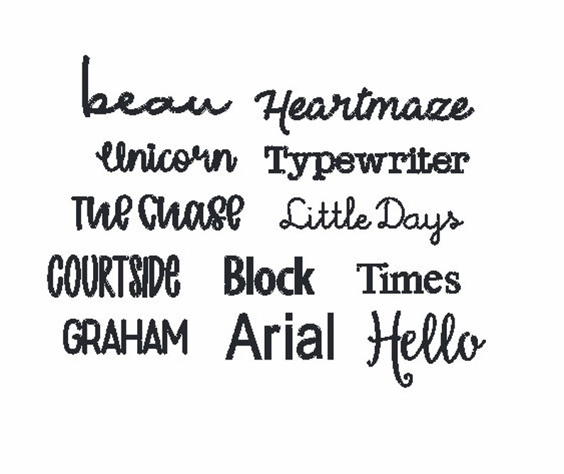 Op de afbeelding: Een verzameling handgeschreven woorden in verschillende lettertypen, waaronder "beau", "Heartmaze", "unicorn", "Typewriter", "The Chase", "Little Days", "COURTSIDE", "Block", "Times", "GRAHAM", "Arial" en "Hello".