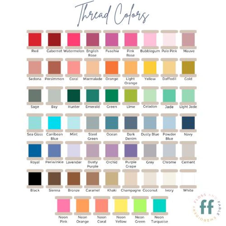 以下が含まれることがあります： 「Thread Colors」というタイトルのカラーチャートには、さまざまな糸の色が表示されています。チャートには、赤からターコイズまで、ネイビー、ピンクローズ、イエローなどの名前が付いた色のスペクトルが含まれています。画像には「Floss and Fable」のロゴも含まれています。