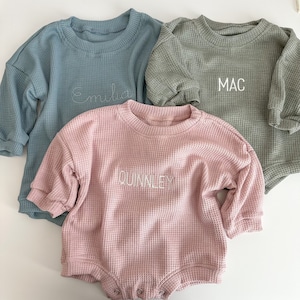Waffle Knit Embroidered Baby Bubble Romper - Custom Embroidered Name Bubble Sweatshirt Romper - Personalized Name Crewneck Sweater