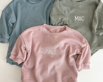 Waffle Knit Embroidered Baby Bubble Romper - Custom Embroidered Name Bubble Sweatshirt Romper - Personalized Name Crewneck Sweater