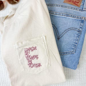 Comfort Colors Embroidered Floral Initial Pocket Tee - Flower Monogram Letter - Bridal Party Shirt - Girly Bow T Shirt -  Custom Embroidery