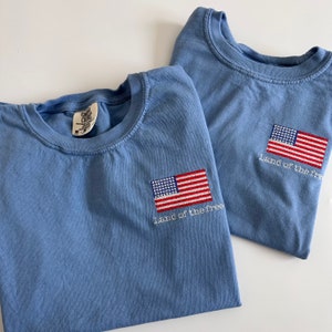 Comfort Colors Youth Embroidered T Shirt - Kids American Flag Land of the Free T Shirt - Toddler Tee - Custom - Comfort Colors Shirt