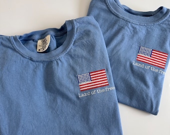 Comfort Colors Youth Embroidered T Shirt - Kids American Flag Land of the Free T Shirt - Toddler Tee - Custom - Comfort Colors Shirt