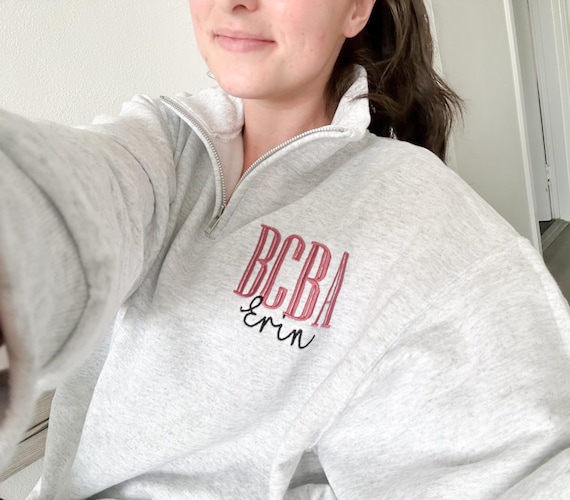 Custom Credential Embroidered Quarter Zip - Therapist Sweater - Personalized Name Sweater - Behavior Analyst Sweater - Healthcare Sweater