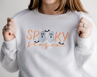 Embroidered Halloween Spooky Season Sweatshirt - Halloween Themed Spooky Pullover - Cute Halloween Crewneck Sweater - Ghost - Bats - Womens