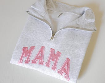 Embroidered Mama Glitter Quarter Zip Sweatshirt - Embroidered 1/4 Zip Sweater - Mom Mama - Gift For Her