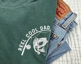 Reel Cool Dad Embroidered Tee - Fathers Day Gift - Mens Comfort Colors T Shirt - Fishing Lovers Shirt - Cool Gift for Dads