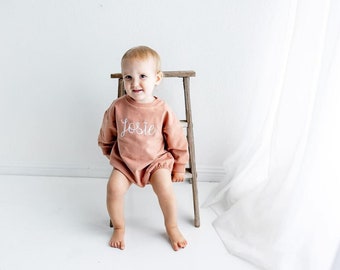 Organic Cotton Baby Bubble Romper - Custom Embroidered Name Bubble Sweatshirt Romper - Personalized Name Crewneck Sweatshirt Sweater