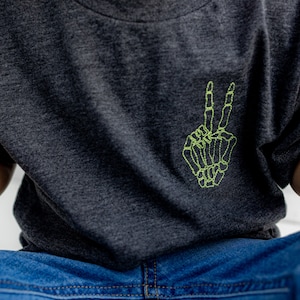 Toddler Embroidered Skeleton Peace Sign Tee - Bella Canvas - Hand Peace Sign - Sign Language - Trendy -