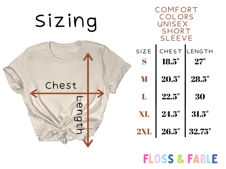 K&ouml;nnte beinhalten: Gr&ouml;&szlig;entabelle f&uuml;r ein Unisex-T-Shirt mit kurzen &Auml;rmeln. Die Tabelle zeigt Brust- und L&auml;ngenma&szlig;e in Zoll f&uuml;r die Gr&ouml;&szlig;en S, M, L, XL und 2XL.