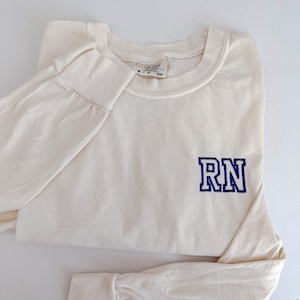 Comfort Colors RN Nurse LONG Sleeve Embroidered Shirt - Varsity Letter - Collegiate - Nurse Gift - Healthcare - First Responder Gift