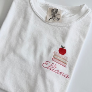 Back to School Kids Youth Comfort Colors Embroidered T Shirt -Customized T Shirt- Embroidered Toddler Shirt - Book Apple -Monogram Name