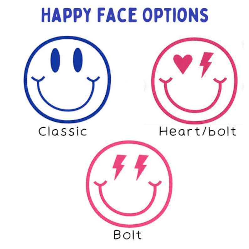 May include: Three smiley face options: a classic yellow smiley face, a pink smiley face with a heart and lightning bolt, and a pink smiley face with two lightning bolts.