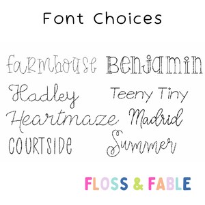 May include: A list of font choices for a craft project. The fonts are: Farmhouse, Benjamin, Hadley, Teeny Tiny, Heartmaze, Madrid, Courtside, and Summer. The text "FLOSS & FABLE" is at the bottom of the image in colorful letters.