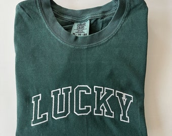 Comfort Colors Embroidered LUCKY Short Sleeve T Shirt - Varsity Block Letter Tee - St Patricks Day Shirt - Green Shirt - Custom Tee