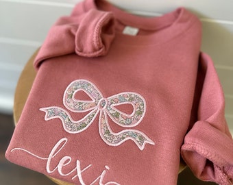 Toddler Custom Name Appliqué Sweatshirt - Personalized Embroidered Monogram Crewneck Sweatshirt - Floral Bow - London of Liberty Fabric