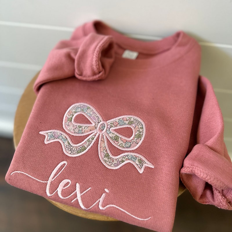 Toddler Custom Name Appliqué Sweatshirt - Personalized Embroidered Monogram Crewneck Sweatshirt - Floral Bow - London of Liberty Fabric