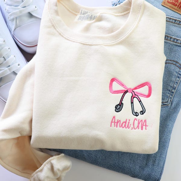 Embroidered Nurse Bow Sweatshirt - Personalized RN Sweatshirt - Custom Crewneck Sweatshirt - Jerzees  - Coquette Bow - Nurse Gift