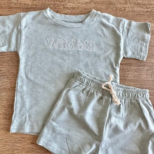 Baby & Toddler 100% Organic Cotton Two Piece Embroidered Shirt and Short Set Custom Monogram Name Outfit image 5