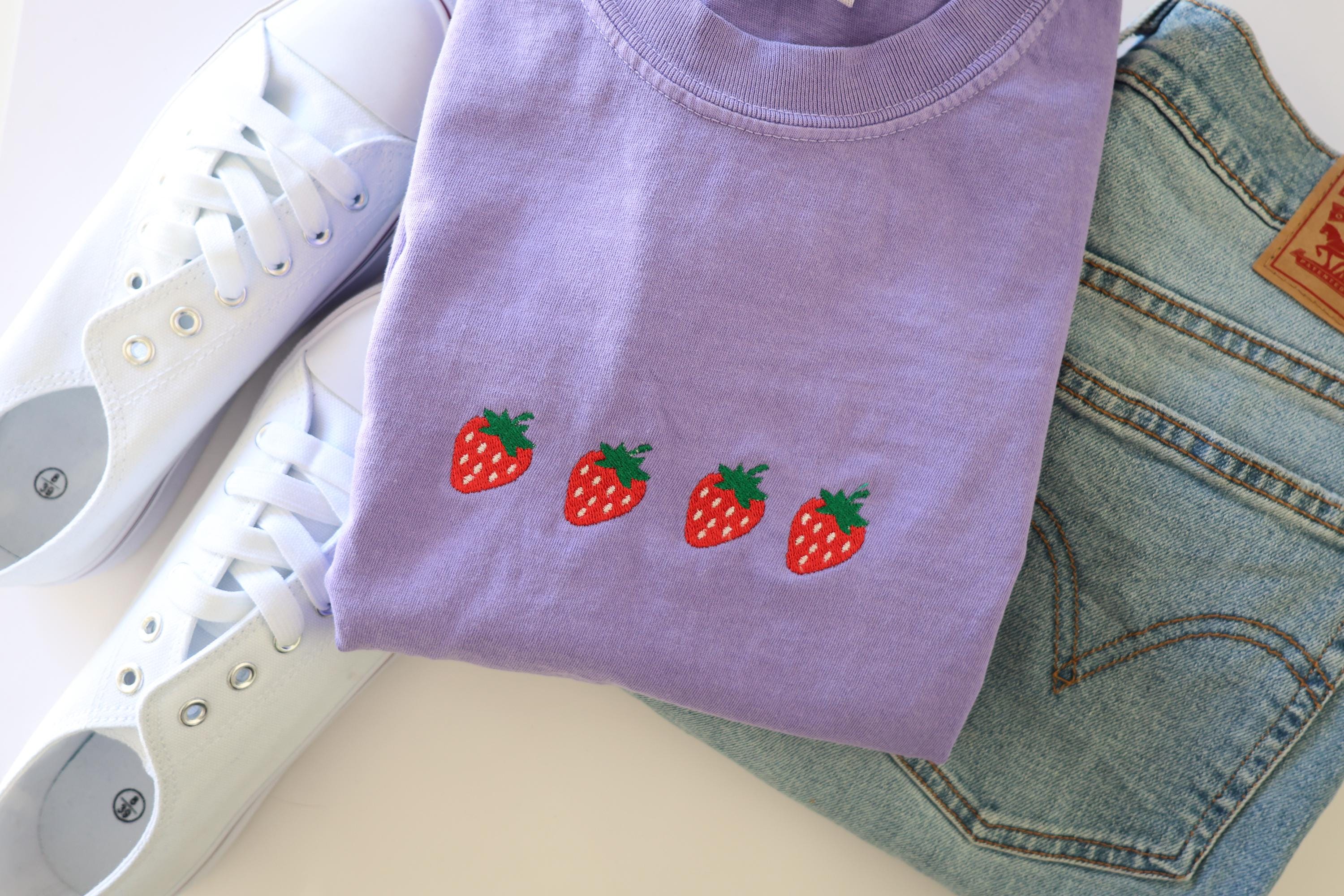 Embroidered Strawberry T Shirt - Comfort Colors Short Sleeve Summer Tee - Womens Oversized Stitched Shirt - Embroidered Clothing