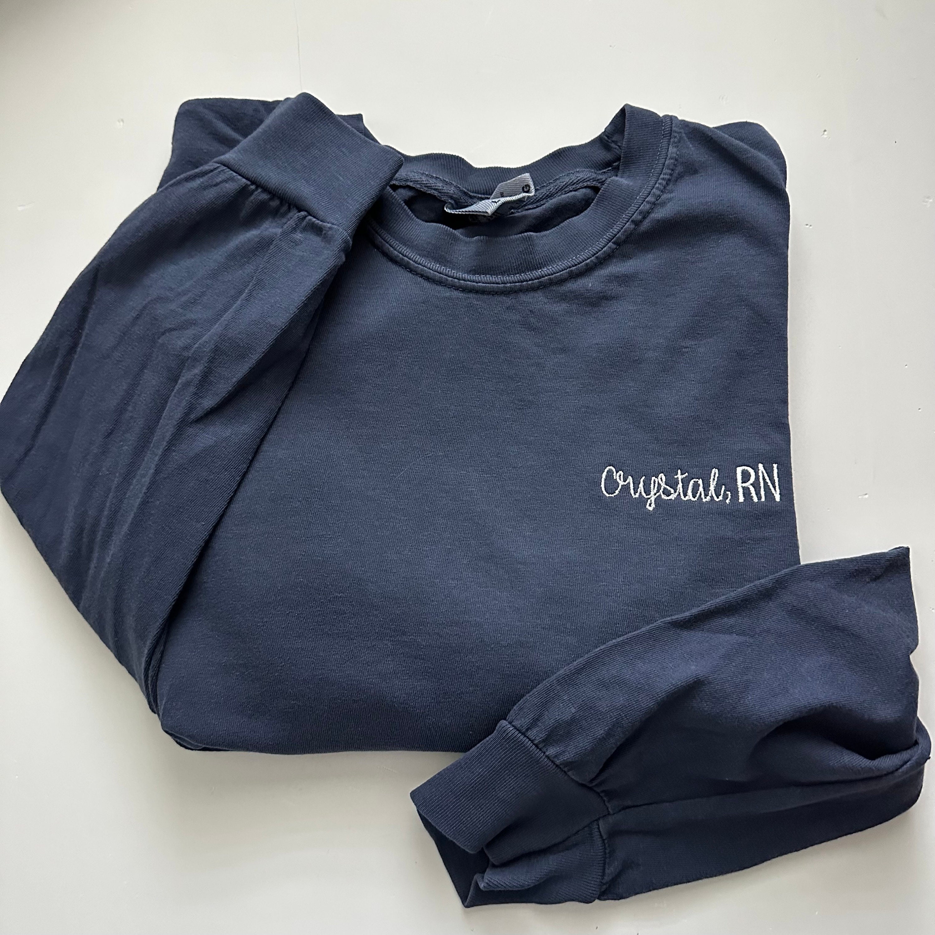Comfort Colors RN LONG Sleeve Embroidered Shirt - Minimal Personalized Nurse Name Long Sleeve Crewneck Tee - BSN L&D Custom Credentials